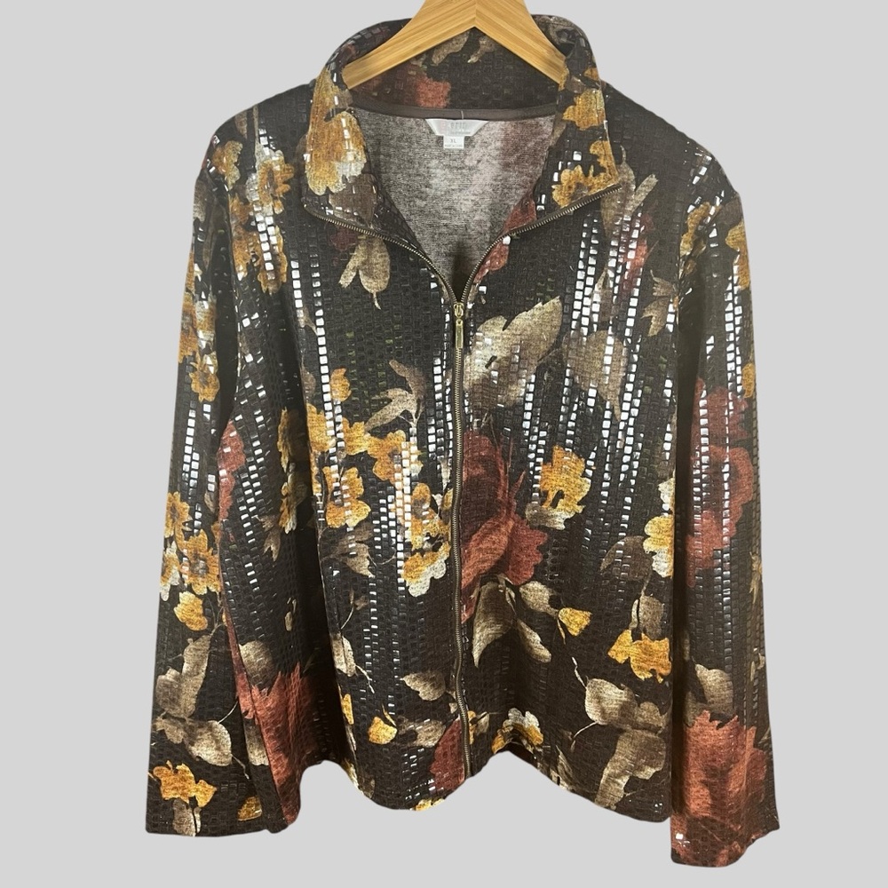 Erin by Erin London Zip Front Floral Shimmer Jacket.